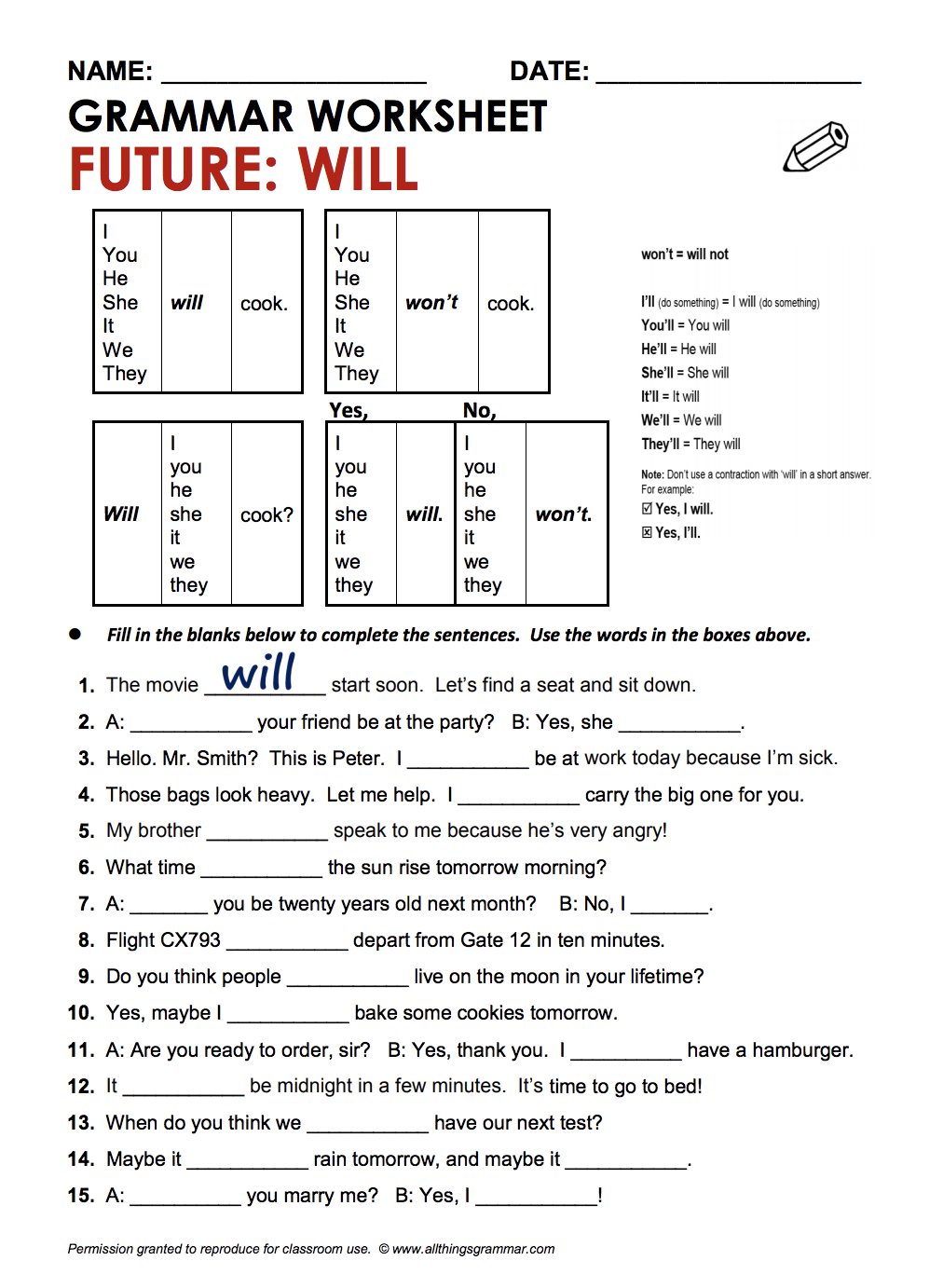 ESL Grammar Simple Future - Free ESL Handouts - ESLfriend.com