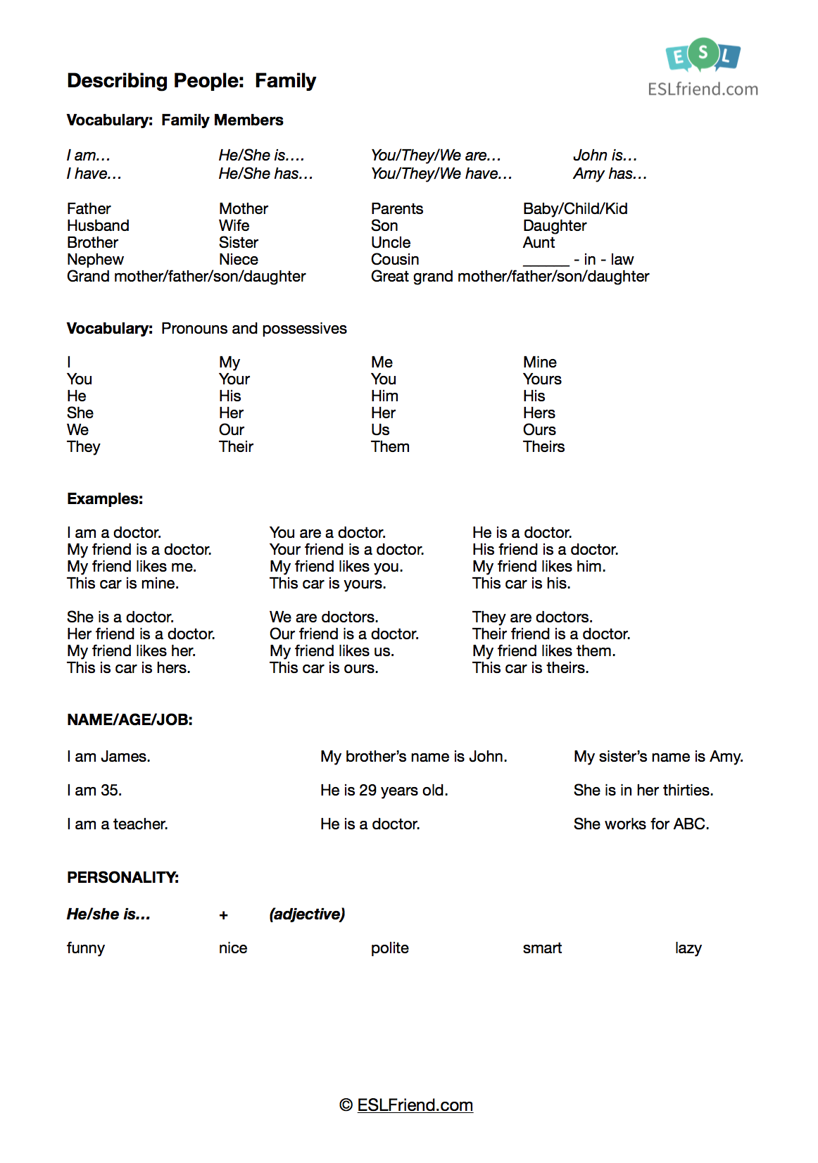 Describing People Free Esl Handouts Eslfriend