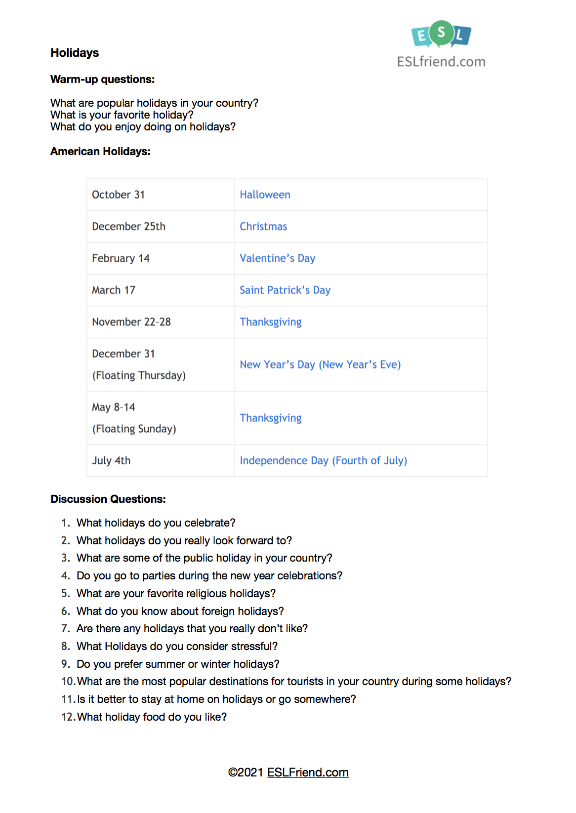 ESL Conversation Holidays - Free ESL Handout - ESLfriend.com