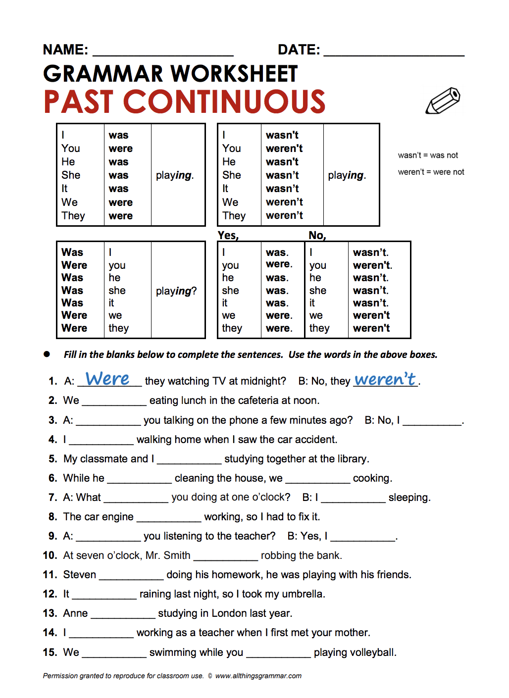 Past Continuous - Free Grammar Handouts - ESLfriend.com